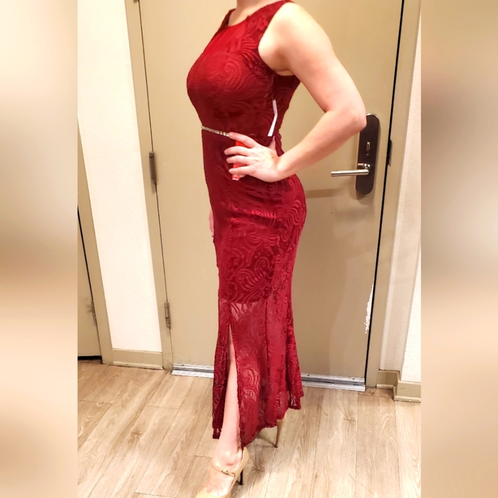 EnFocus Deep Red (almost Maroon) Lace Evening gown with Slit in the thigh